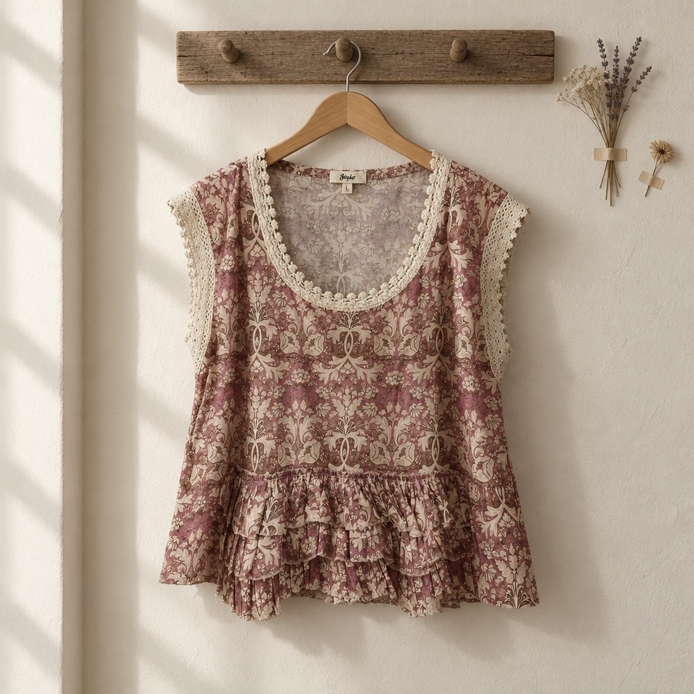 Boho Mauve Floral Damask Cotton Ruffle Top Crochet Trim Pockets S oversized
